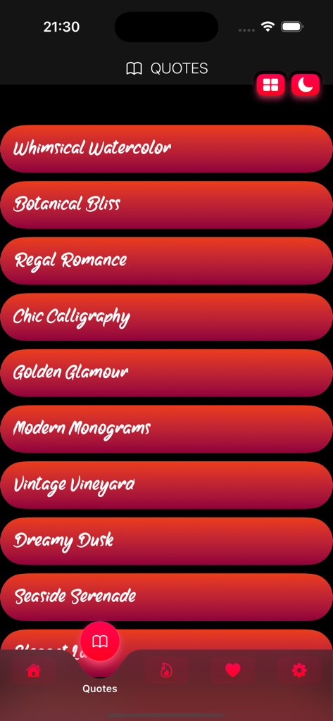 DIY Flower Language card - A menu screen within the DIY Flower Language card app showing various aesthetic card style categories like Botanical Bliss and Regal Romance.