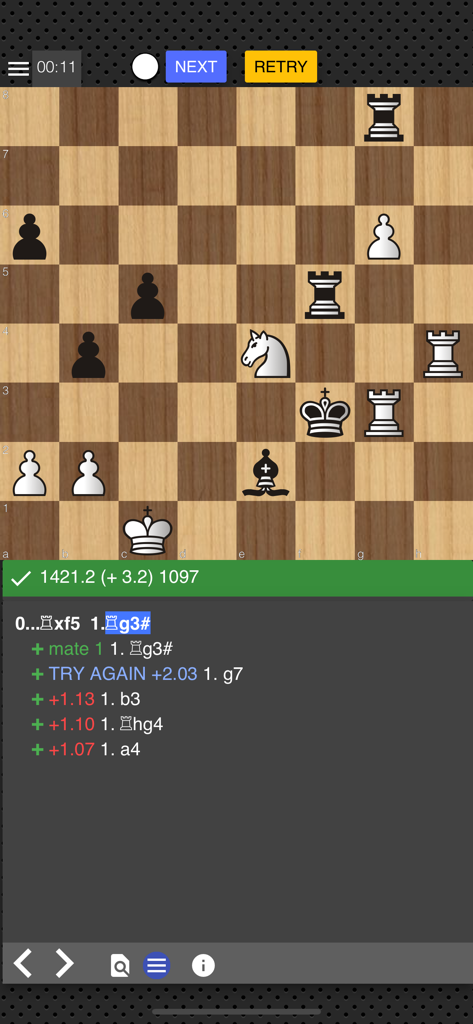 Chess Tempo app interface showing a tactical puzzle with detailed engine move evaluations and analysis