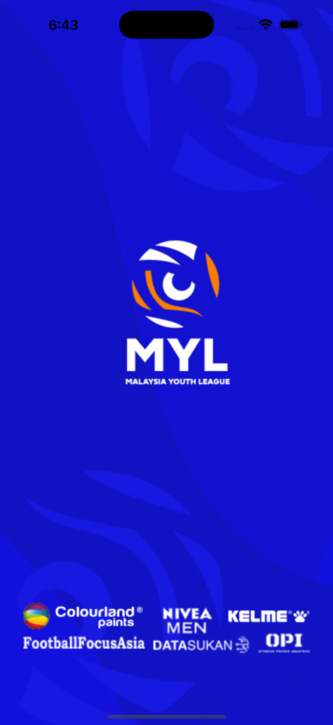 Malaysia Youth League - Splash screen of the Malaysia Youth League app featuring a tiger eye logo and various sponsor logos on a blue background