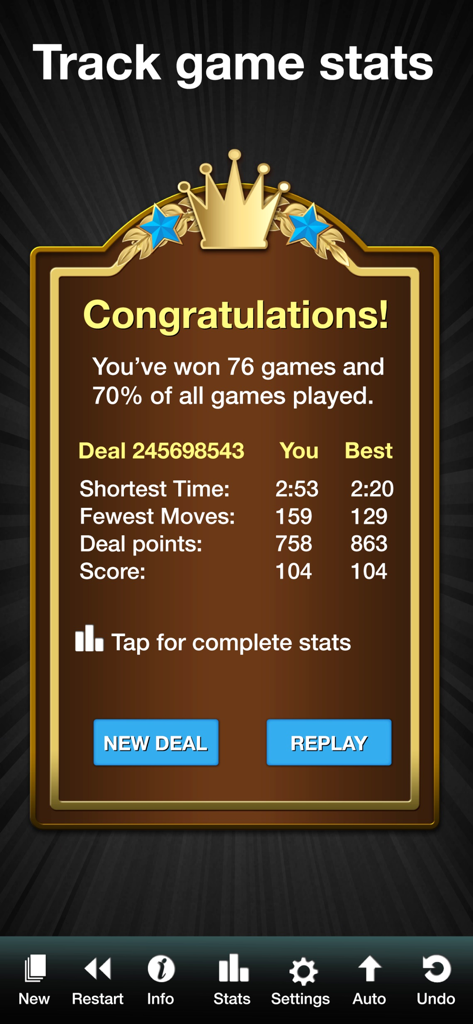 Spider Solitaire ‏‎ - Spider Solitaireゲーム統計画面、勝利履歴とパフォーマンス追跡を表示