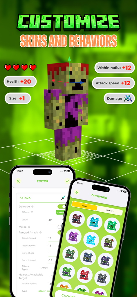 Morph Addons Maker for MCPE - Interface of the Morph Addons Maker for MCPE showing skin customization and behavior attribute editing for Minecraft mobs
