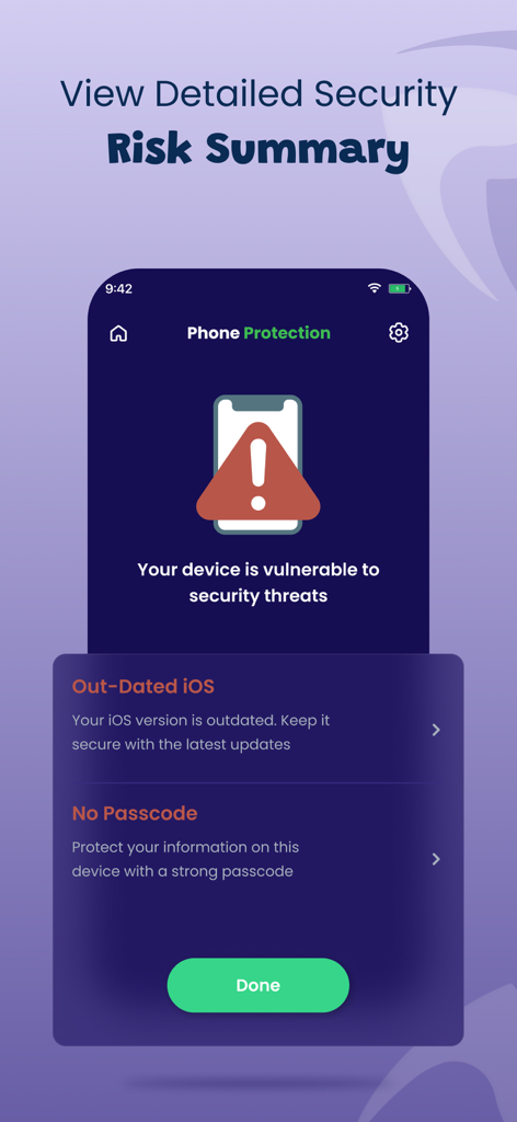 Phone Protection for iPhone - Una pantalla detallada de resumen de riesgos de seguridad que muestra vulnerabilidades del dispositivo como iOS obsoleto y sin código de acceso.