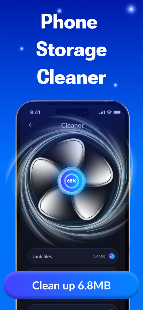 AppLock - Lock & Guard Private - A mobile interface of AppLock showing the phone storage cleaner feature with a progress indicator and clean up button