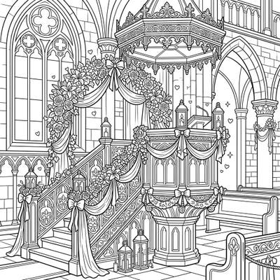 Step into a world of sacred romance with this exquisite coloring page featuring a cathedral pulpit beautifully prepared for a wedding ceremony. Adorned with delicate florals and flowing ribbons, it invites you to bring this grand scene to life with your favorite colors.