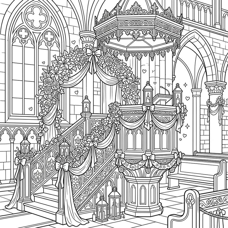 Step into a world of sacred romance with this exquisite coloring page featuring a cathedral pulpit beautifully prepared for a wedding ceremony. Adorned with delicate florals and flowing ribbons, it invites you to bring this grand scene to life with your favorite colors.