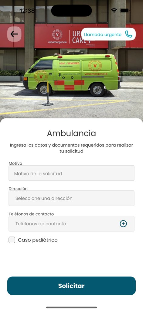 Seguros Venezuela ambulance request interface