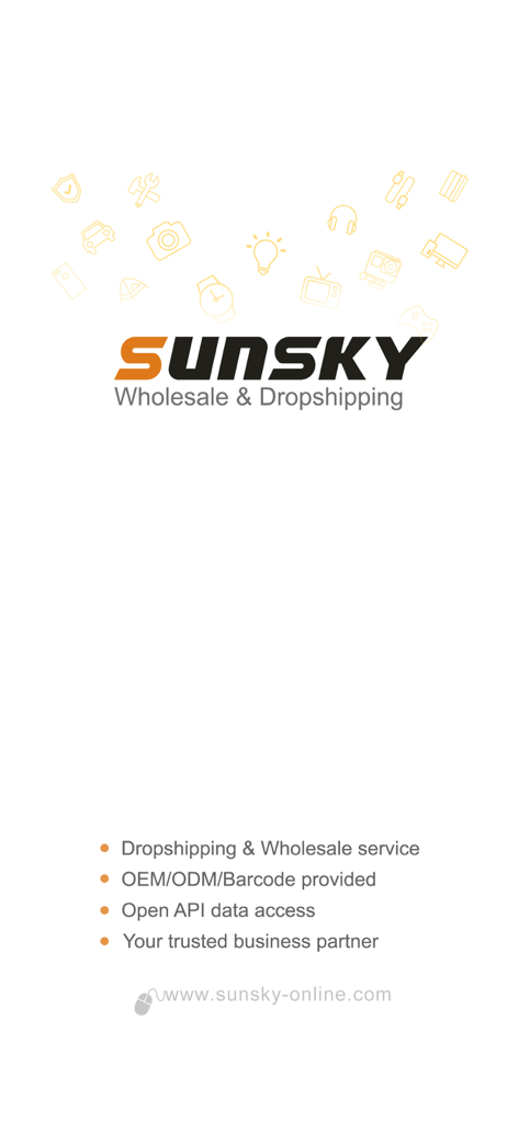 SUNSKY - Wholesale & Dropship - SUNSKY app splash screen showing its wholesale and dropshipping services for business entrepreneurs