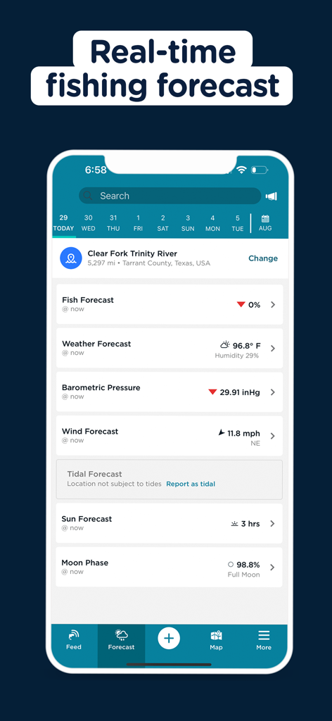 FishAngler app real-time fishing forecast screen showing weather wind barometric pressure and moon phase data