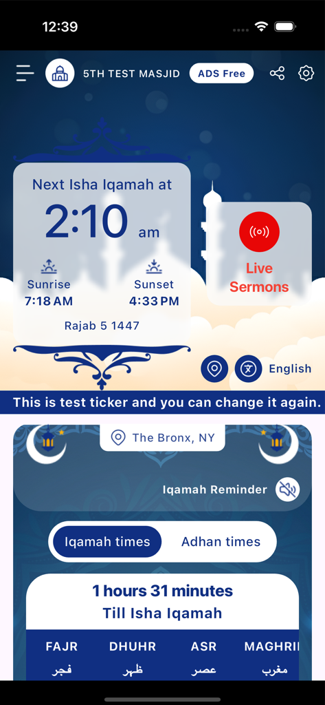 Live Mosque - Live Mosque app interface showing Isha Iqamah prayer time for a mosque in The Bronx New York