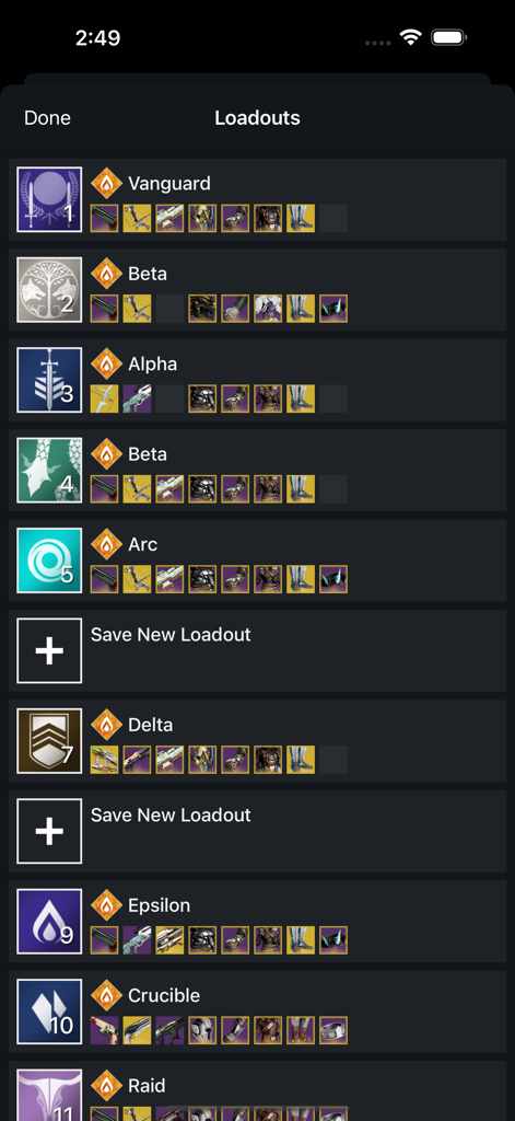 Destiny 2 Companion - Destiny 2 Companion app interface showing a list of saved character loadouts with weapons and armor icons