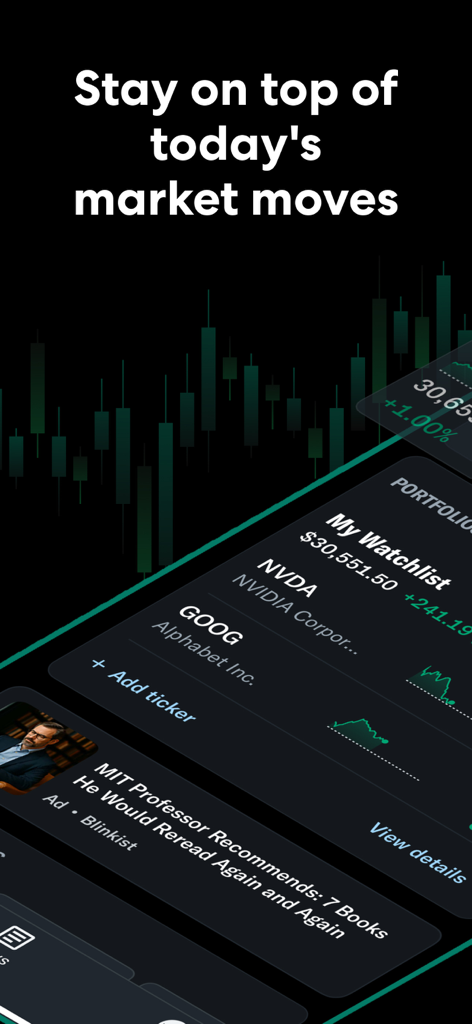 Yahoo Finance: Stocks & News - Pantalla de la aplicación Yahoo Finance con lista de seguimiento de acciones y gráficos de rendimiento del mercado
