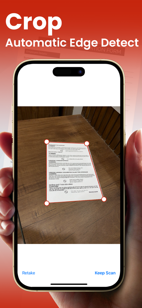 PDF Converter - Image to PDF . - iPhone screen showing automatic document edge detection and cropping in the PDF Converter app