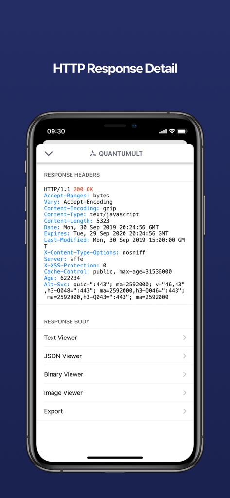 Quantumult X - Quantumult X mobile app interface showing detailed HTTP response headers and data viewing options for web developers.