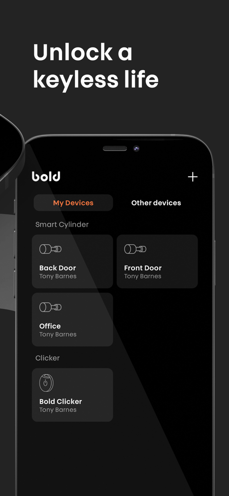 Bold Smart Lock - Boldスマートロックアプリインターフェース、玄関ドア、裏口、オフィスの管理されたスマートシリンダーを表示