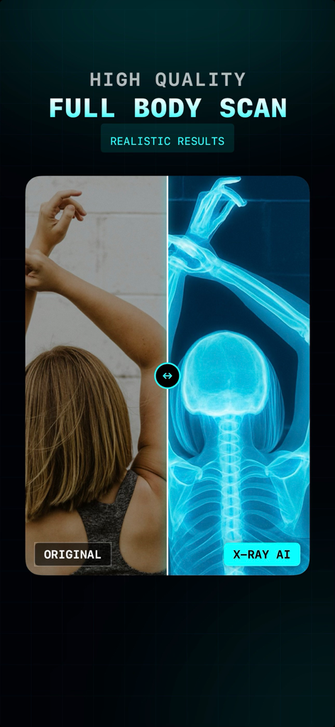 Split screen comparison showing an original photo of a woman and a realistic AI-generated skeletal x-ray effect.