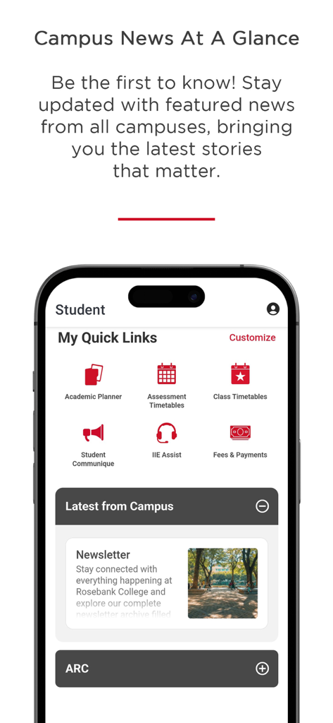 MyRC - MyRC mobile app dashboard showing quick links for academic planning and latest campus news