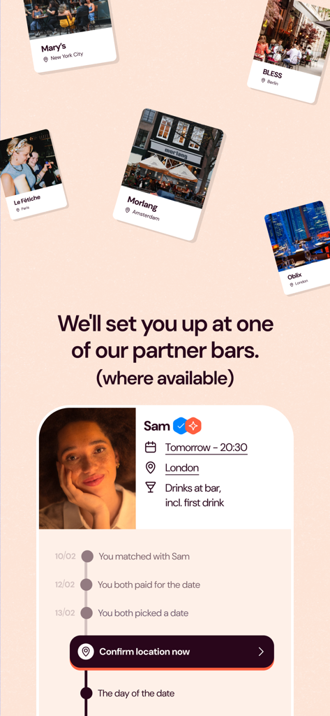 Breeze - No Chat, Just Dates - 提携バーとデートスケジューリングフローを示すBreezeデーティングアプリのインターフェース