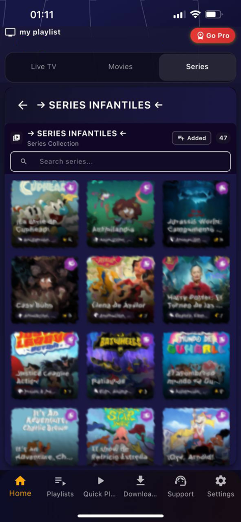 Interfaz de GSE IPTV Player Smarters Pro mostrando la cuadrícula de colecciones de series infantiles.