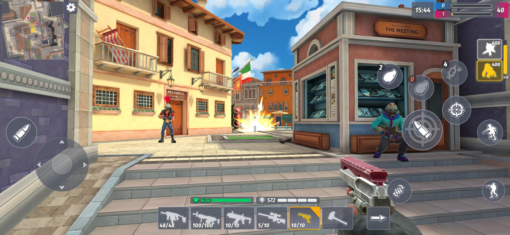First person perspective of a tactical urban battle in Contra Guns PVP Shooting Game