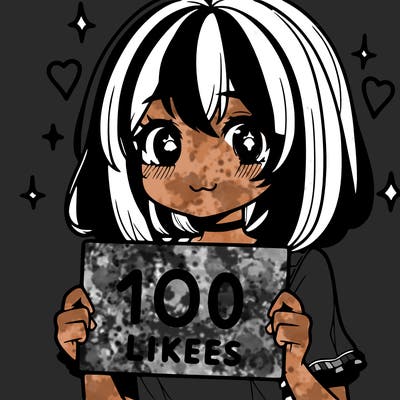 anima girl holding a 100 likes sign in her hand