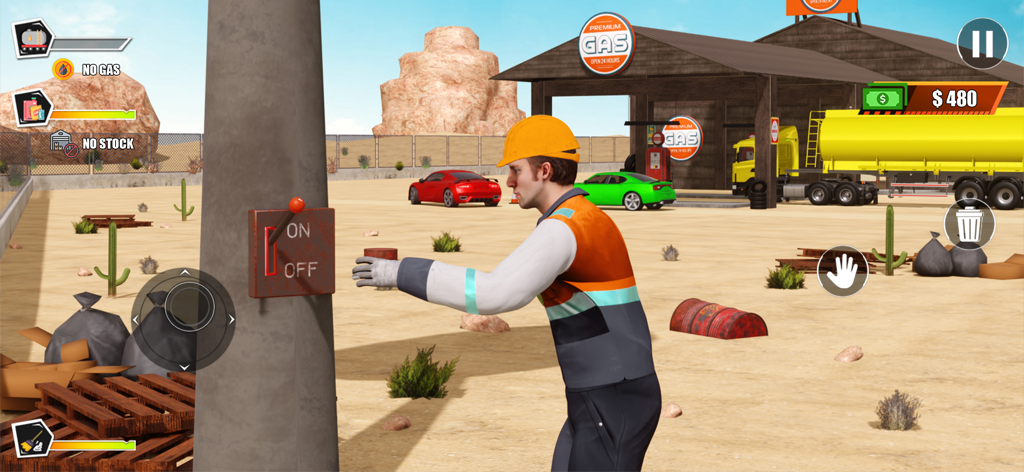 Um personagem gerente em um posto de gasolina no deserto no jogo Gas Station Manager Simulator