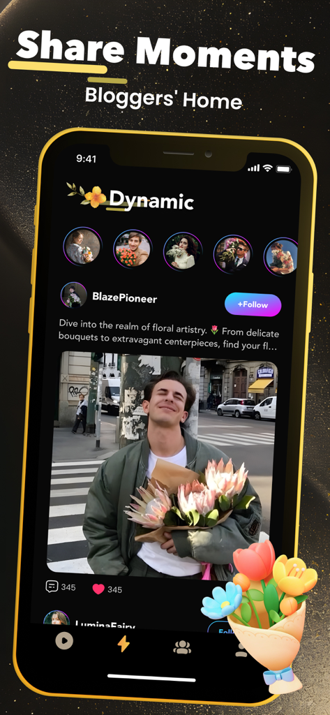 Mila - Live, Video, Call - Pantalla móvil de la aplicación Mila que muestra un feed social dinámico con publicaciones de arte floral y perfiles de usuario