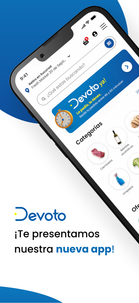 Devoto - Devotoモバイルアプリのインターフェースを表示するスマートフォンの画面。スーパーマーケットのカテゴリと配送オプションが表示されています。