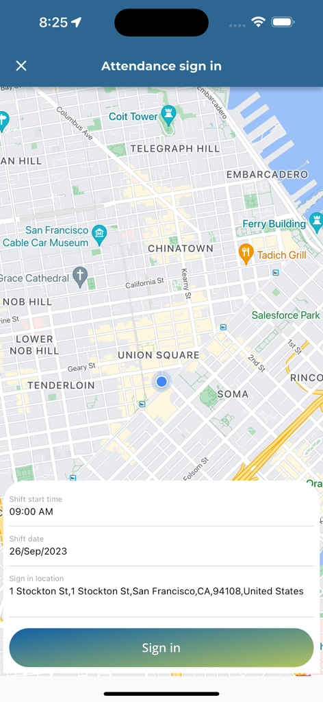 Adrenalin MAX 2.0 - A mobile interface for attendance sign in showing a San Francisco map with shift details and a sign in button
