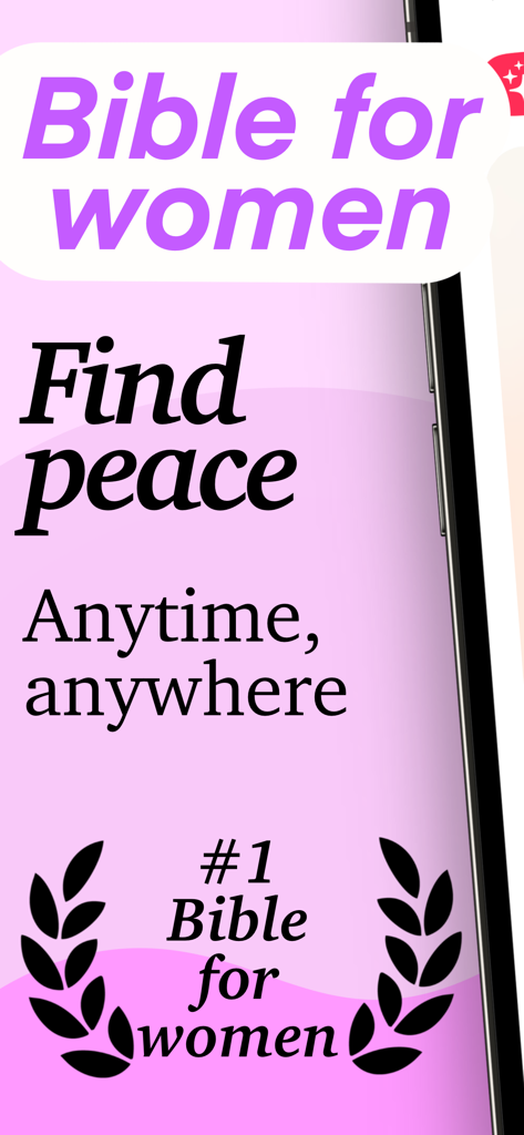 Banderola promocional para la aplicación Ruth Bible para mujeres con el lema Encuentra paz en cualquier momento y lugar sobre un fondo rosa suave.