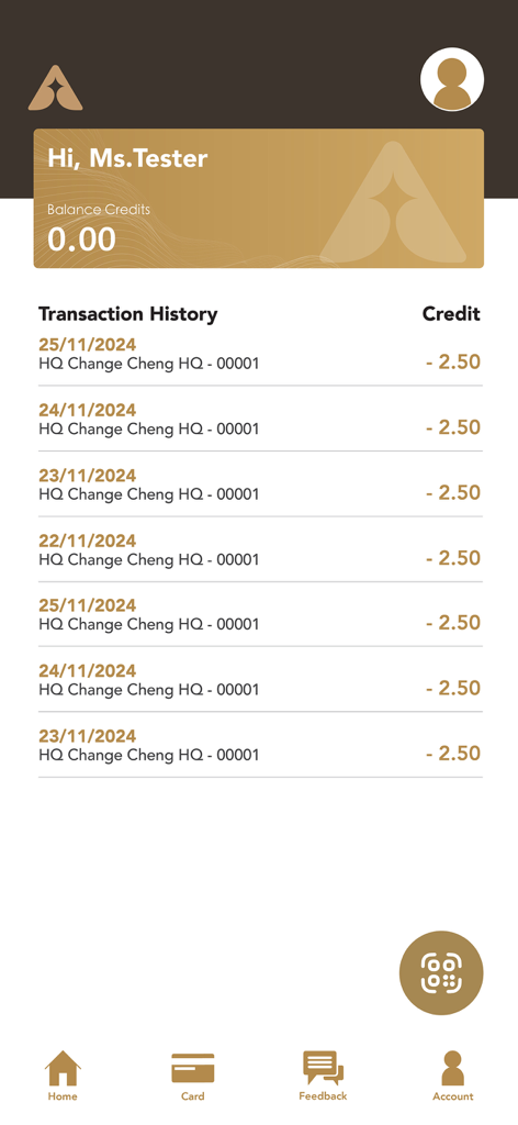 Ami App - Ami App transaction history screen showing balance credits and a list of recent purchases.