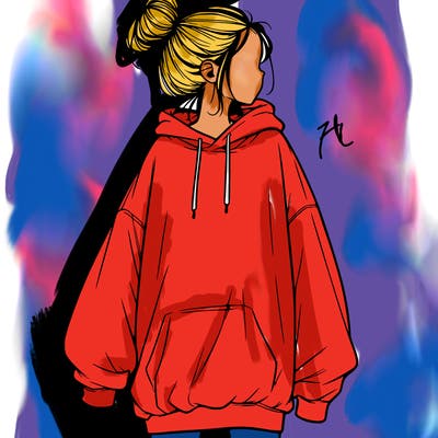 realistic girl with a oversized sweatshirt on and a bun