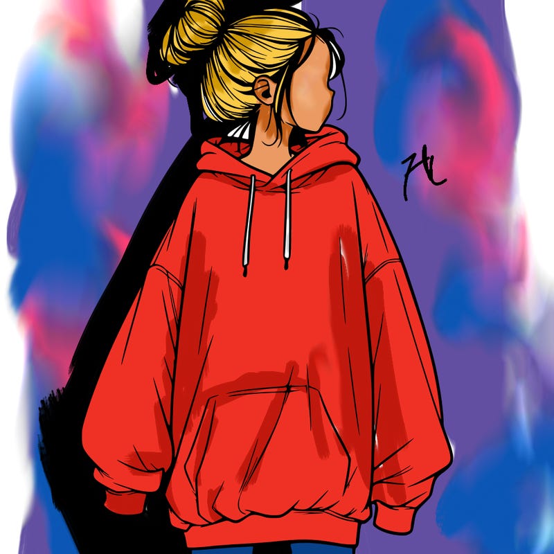 realistic girl with a oversized sweatshirt on and a bun