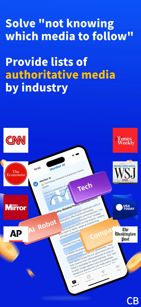 Monitor AI: News-Summarize - Interfaz de la aplicación Monitor AI que muestra listas de fuentes de medios autorizadas como WSJ y CNN con resúmenes de noticias específicos de la industria.