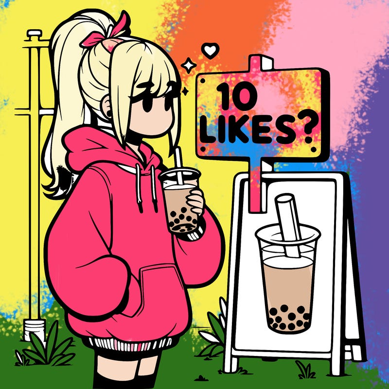girl with oversized hoodie drinking boba and she has a high ponytail with a sign that says 10likes?