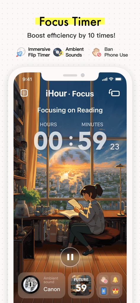 iHour app focus timer screen showing a reading session with a countdown timer and an illustrated sunset city view