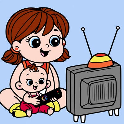 girl with baby watching tv