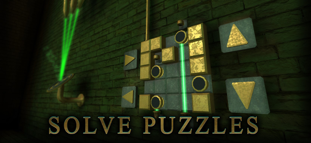 Legacy 3 - The Hidden Relic - Un puzzle logico 3D con laser verdi e blocchi dorati su un'antica parete di pietra in Legacy 3.
