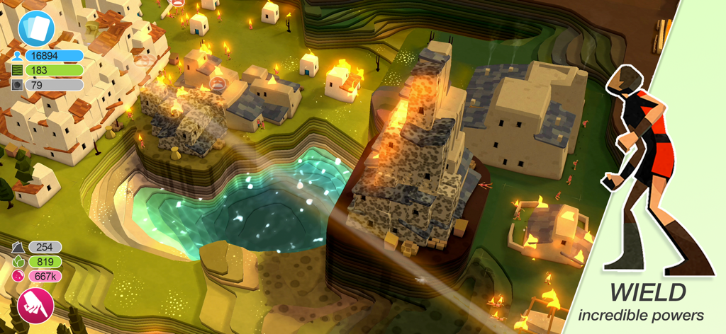 Godus - Capture d'écran du jeu Godus montrant des bâtiments en flammes sur un terrain en terrasses, illustrant les pouvoirs de destruction.