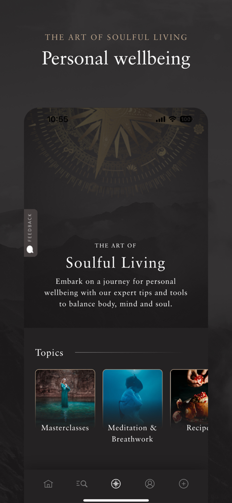 Rituals app interface showing the Art of Soulful Living section with masterclasses and meditation topics