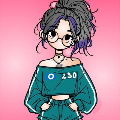 girl with a messy ponytail glasses a baggy crop top and jean shorts