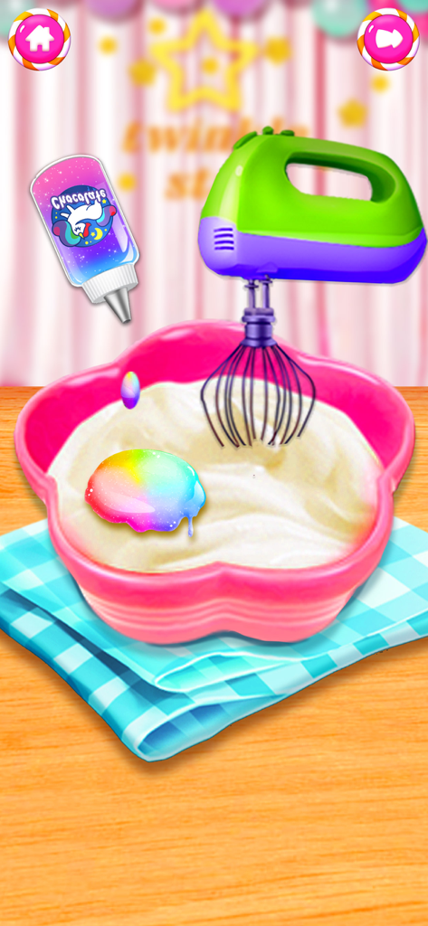 Food Cooking Baking Girl Games - A pink flower-shaped bowl with white batter, a green and purple hand mixer, and a rainbow glitter topping being added.