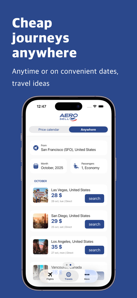 Interfaz de la aplicación móvil AeroSell mostrando ofertas de vuelos baratos desde San Francisco a destinos como Las Vegas y San Diego.
