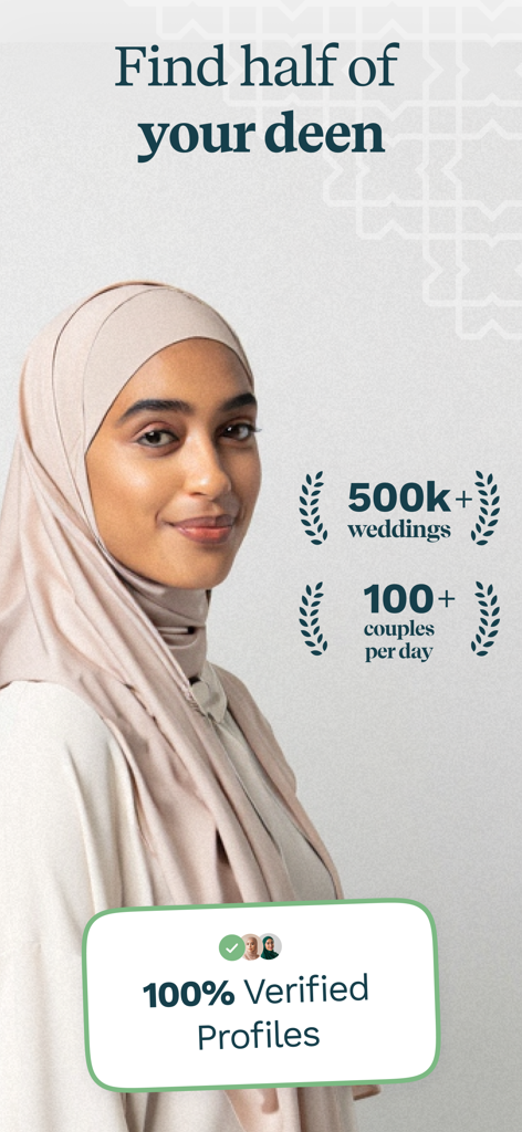 Mashallah: Halal Muslim dating - Mashallahアプリのインターフェースに、ムスリムの独身者向けの検証済みプロフィールと結婚統計が表示されている