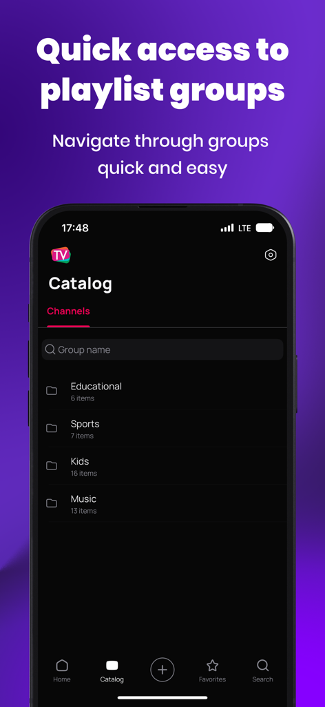 Smart TV Club - Smart TV Club catalog screen showing organized playlist groups like Sports and Music