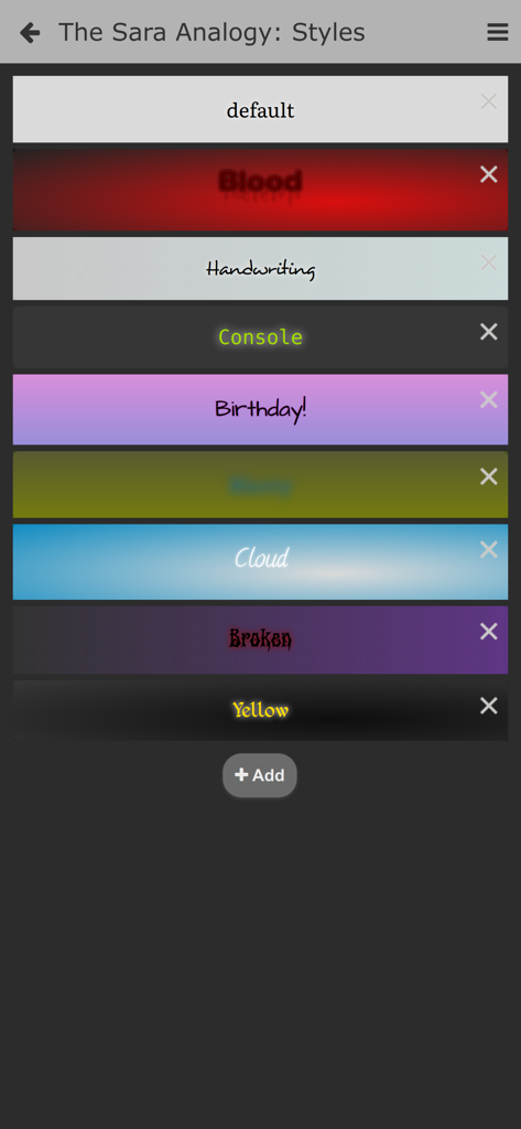 CYOA Factory - Customizable visual style options for interactive fiction stories in the CYOA Factory app.