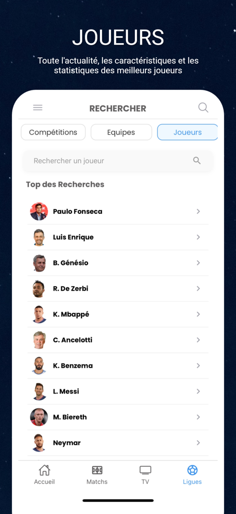 Made in FOOT - Écran de l'application Made in FOOT montrant une interface de recherche pour les joueurs et entraîneurs de football avec une liste des recherches les plus fréquentes incluant Mbappé et Messi.