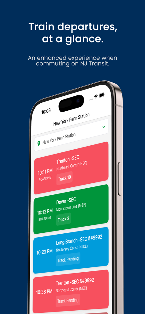NJT Departures: Predict Tracks - NJ Transit train departures and track predictions for New York Penn Station displayed on an iPhone