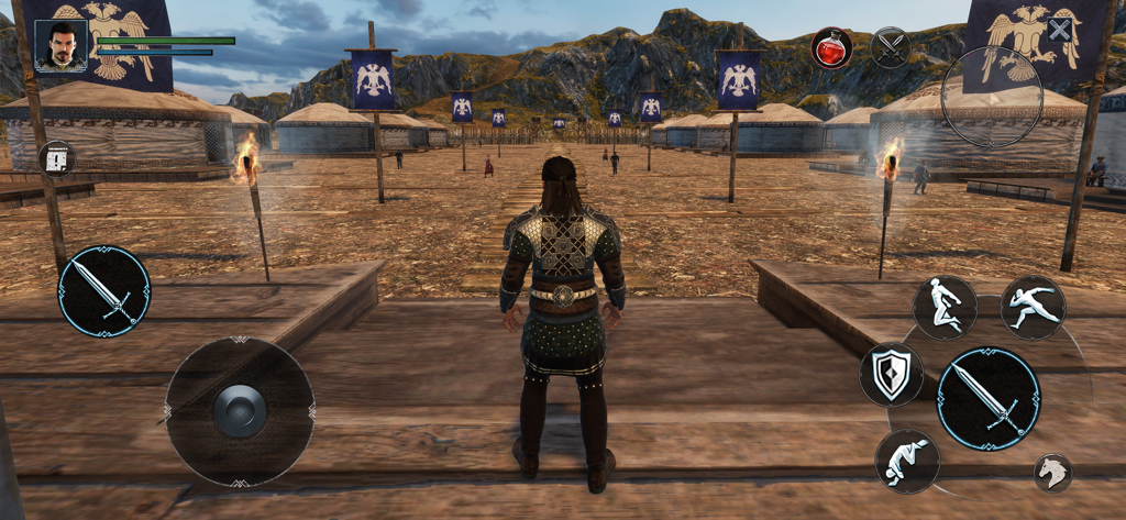 Alparslan: Warlord RPG Game - Vista de juego en tercera persona de un guerrero en un campamento militar selyúcida con banderas y tiendas en Alparslan Warlord RPG.