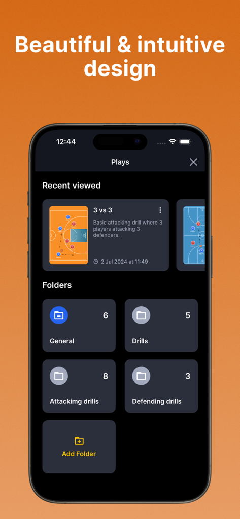 Coach Tactic Board: Basket - Basketball coaching app interface showing drill and tactic organization using folders.