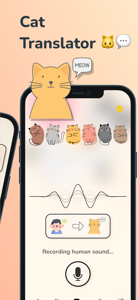 Cat Translator Meow Sounds - Interface of the Cat Translator app showing the human-to-cat voice translation feature with cute cat illustrations.